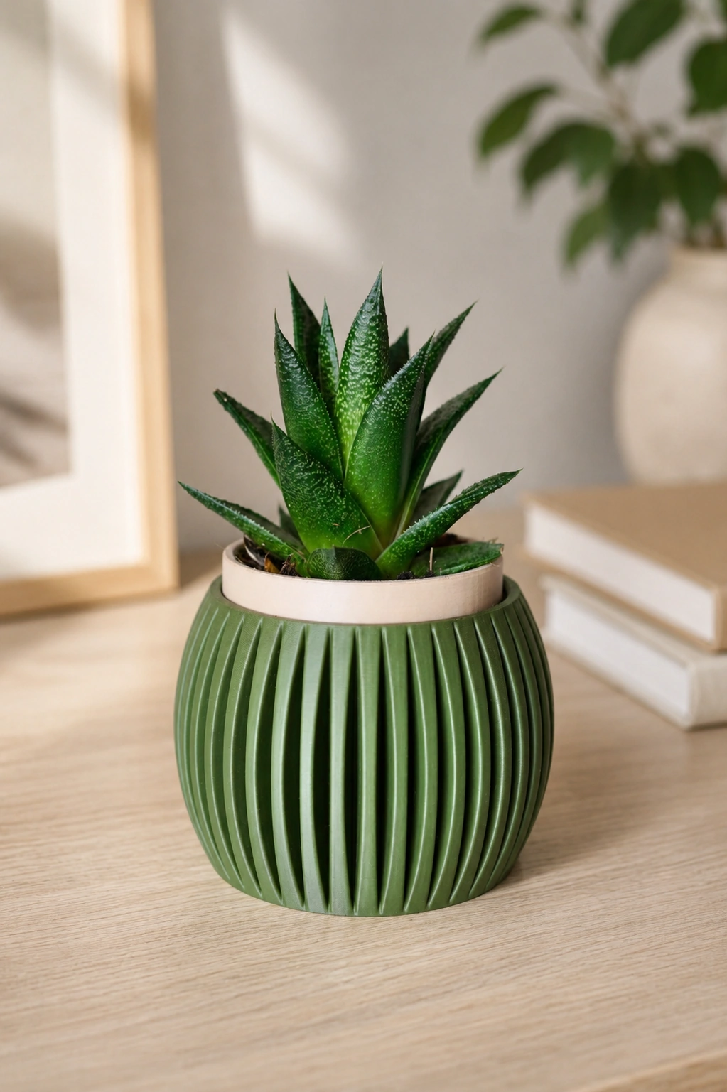 Macetero decorativo Eggia verde con planta sobre una superficie de madera clara